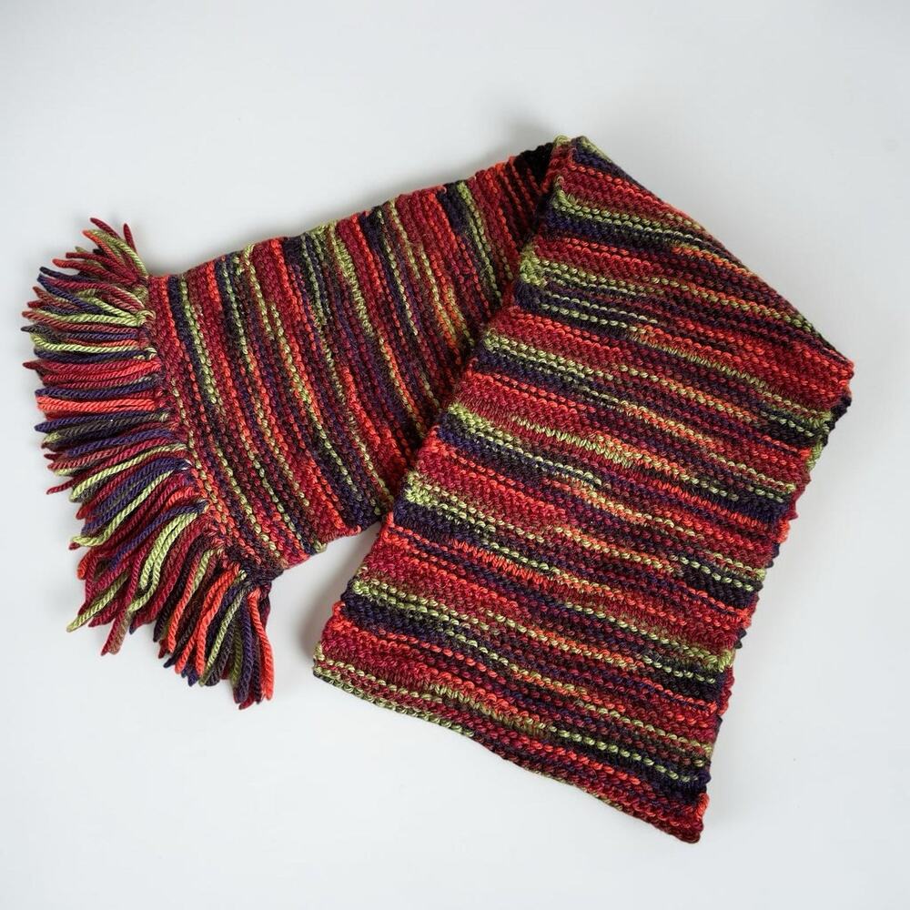 Handmade Chunky Knit Scarf Multicolor Striped Fringe Boho Artsy 61” Long Twee